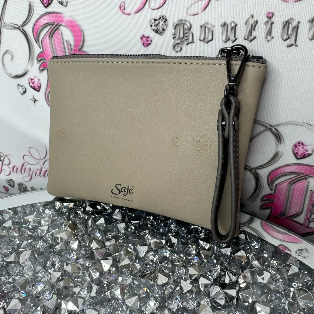 Saje Gray Wristlet Clutch attachable strap natural wellness soft bag makeup